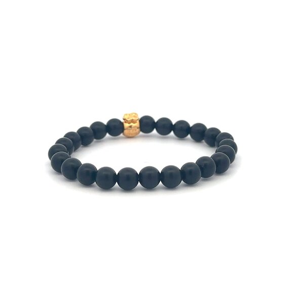 18K Gold Money Bag Matte Onyx Gemstones 6mm Lucky Charm Elastic Bracelet - Picture 5 of 6